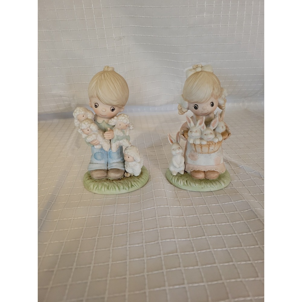 Vintage Homco Porcelain Figurines Set Boy with Lambs Girl with Bunnies 1444 2pc